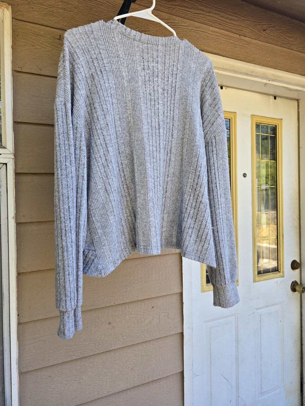 Women's Cozy Ribbed Crewneck Sweater With Cross Back Detail- Light Gray - Large